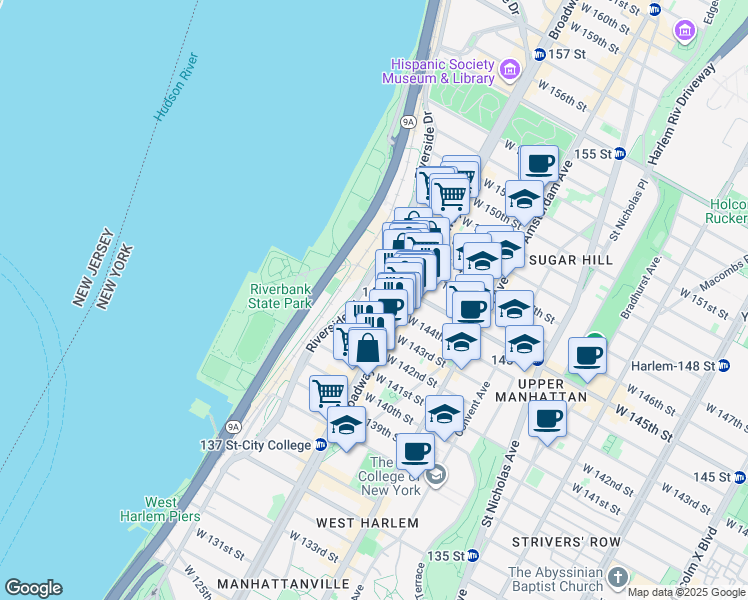 map of restaurants, bars, coffee shops, grocery stores, and more near 624 West 144th Street in New York