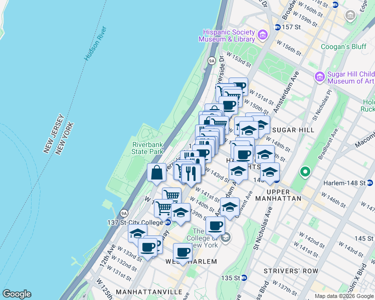 map of restaurants, bars, coffee shops, grocery stores, and more near 624 West 143rd Street in New York