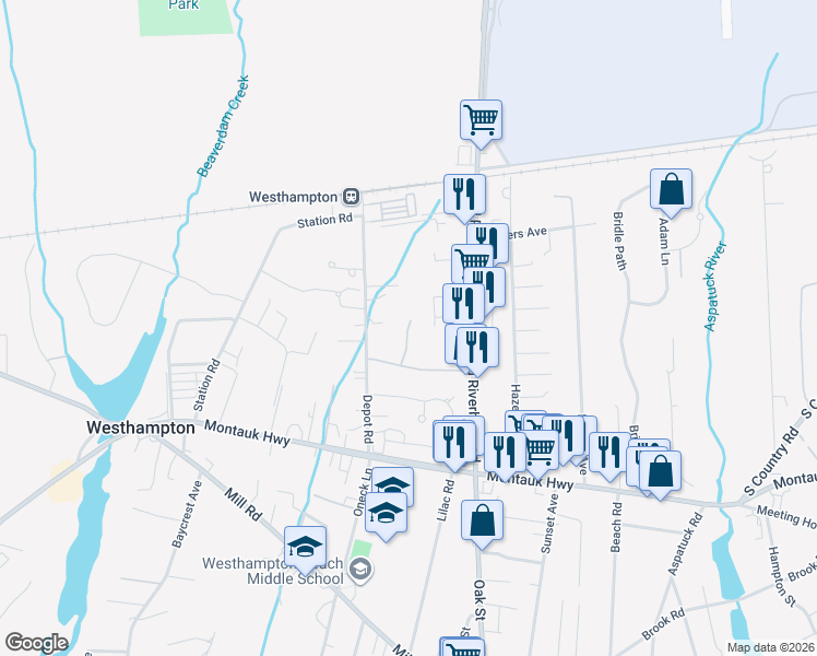 map of restaurants, bars, coffee shops, grocery stores, and more near 60 Depot Road in Westhampton Beach