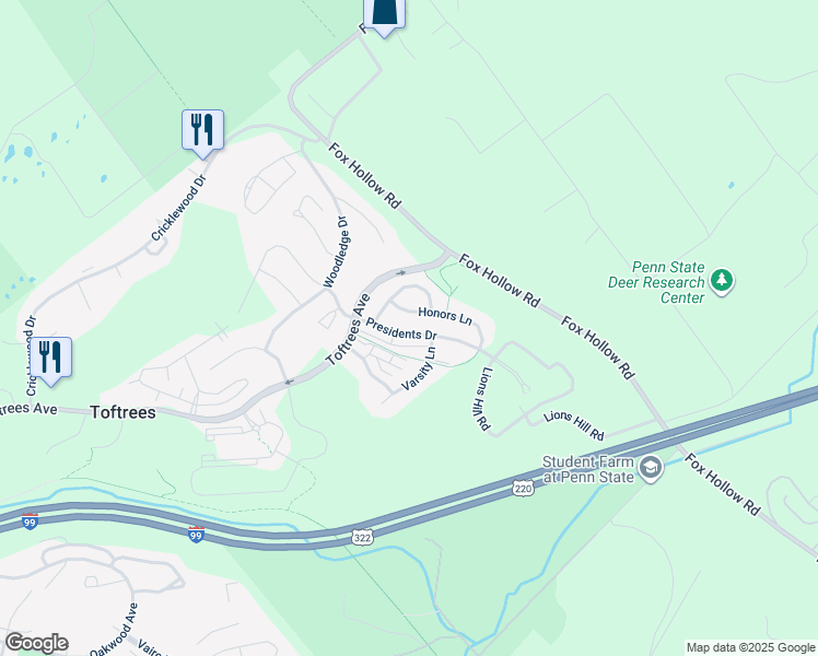 map of restaurants, bars, coffee shops, grocery stores, and more near 158 Presidents Drive in State College
