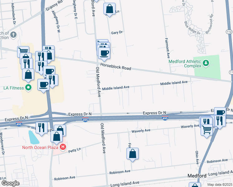map of restaurants, bars, coffee shops, grocery stores, and more near 16 Middle Island Avenue in Medford