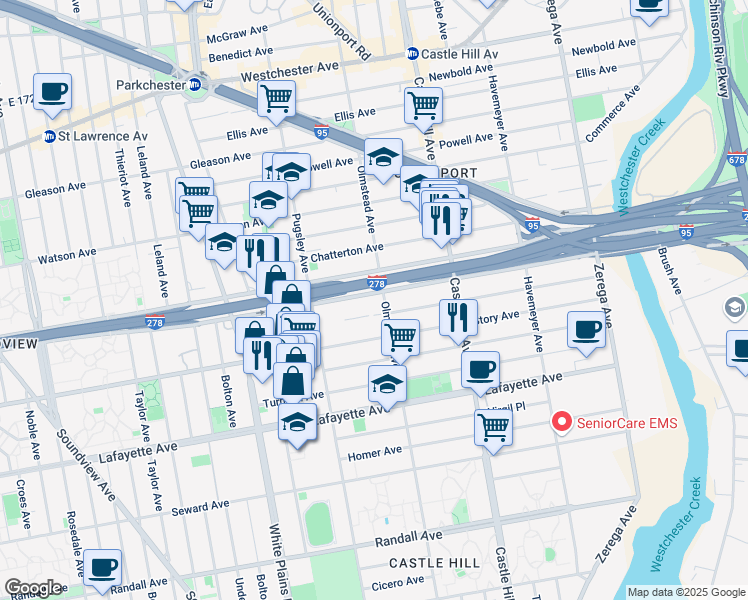 map of restaurants, bars, coffee shops, grocery stores, and more near 2045 Story Avenue in Bronx