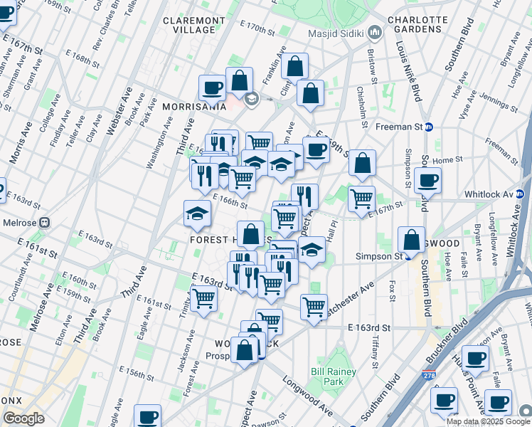 map of restaurants, bars, coffee shops, grocery stores, and more near 760 East 166th Street in The Bronx