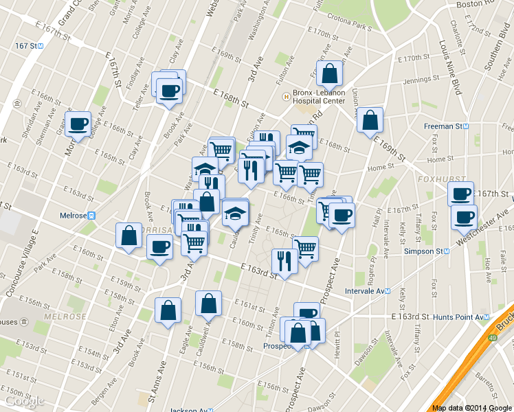 map of restaurants, bars, coffee shops, grocery stores, and more near 677 East 165th Street in The Bronx
