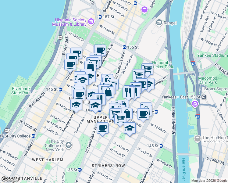 map of restaurants, bars, coffee shops, grocery stores, and more near 317 Edgecombe Avenue in New York