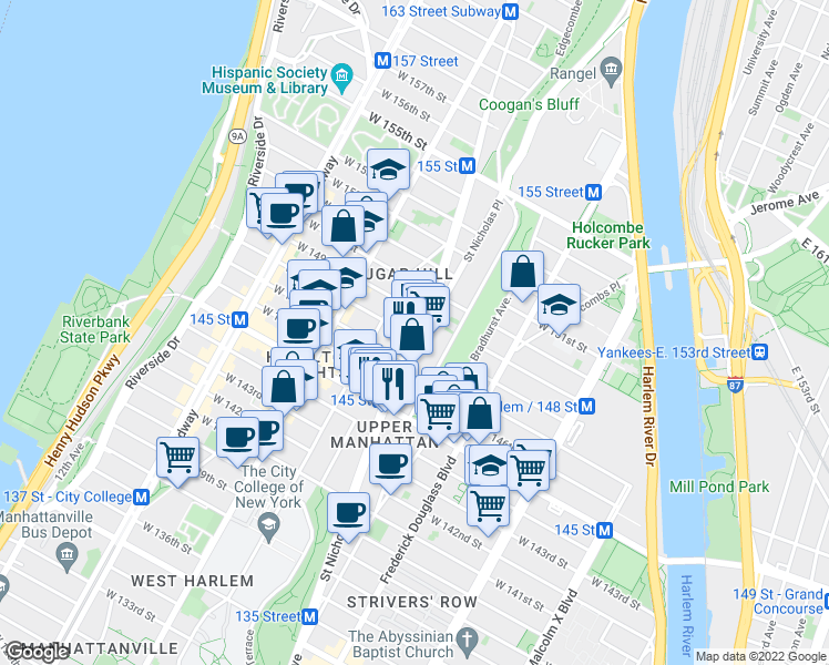 map of restaurants, bars, coffee shops, grocery stores, and more near 401 West 147th Street in New York