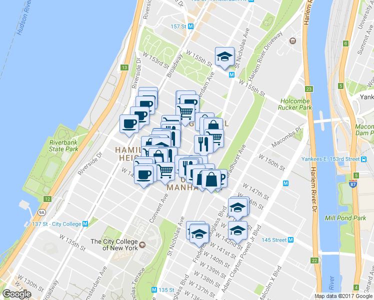 map of restaurants, bars, coffee shops, grocery stores, and more near 387 Convent Avenue in New York