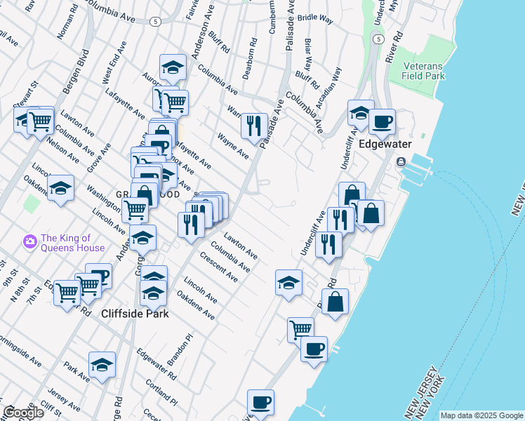 map of restaurants, bars, coffee shops, grocery stores, and more near 33 Knox Avenue in Cliffside Park