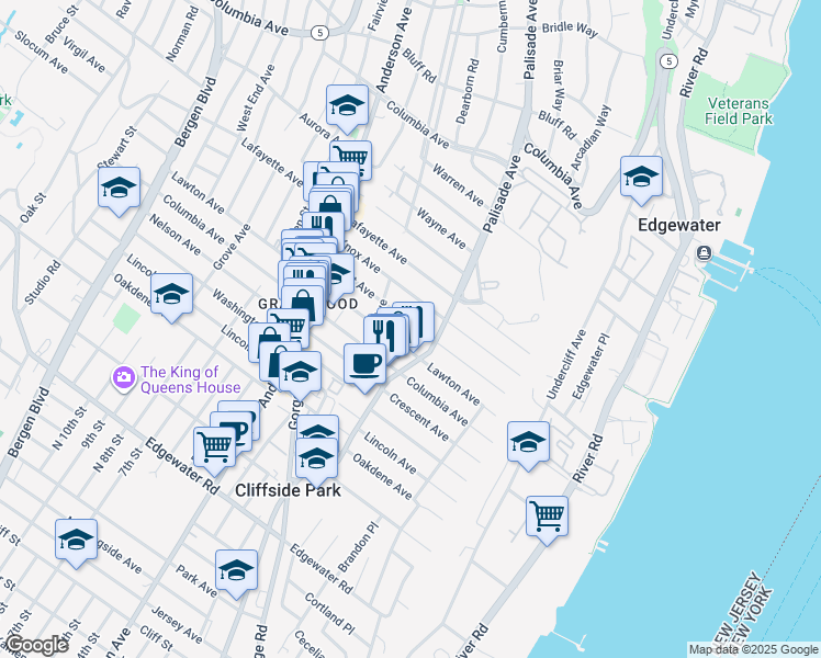 map of restaurants, bars, coffee shops, grocery stores, and more near 207 Lawton Avenue in Cliffside Park