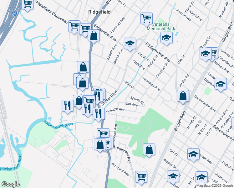 map of restaurants, bars, coffee shops, grocery stores, and more near 43 Elm Avenue in Fairview