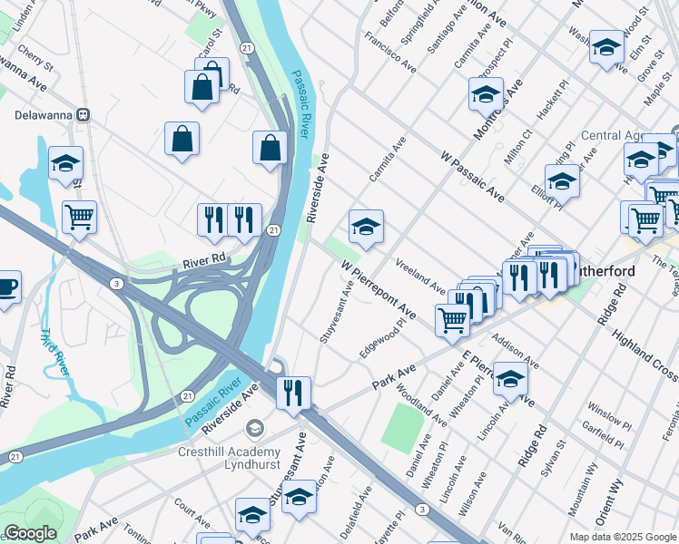 map of restaurants, bars, coffee shops, grocery stores, and more near 464 Stuyvesant Avenue in Rutherford