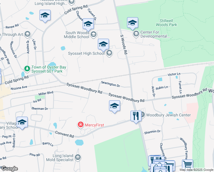 map of restaurants, bars, coffee shops, grocery stores, and more near 211 Syosset-Woodbury Road in Syosset