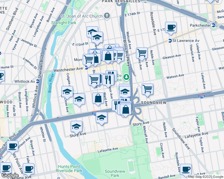 map of restaurants, bars, coffee shops, grocery stores, and more near 1045 Stratford Avenue in Bronx