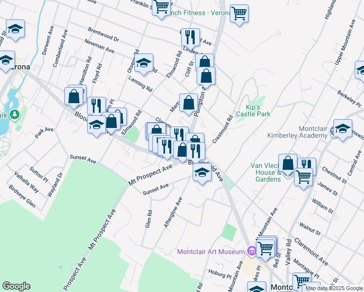 map of restaurants, bars, coffee shops, grocery stores, and more near 10 Pompton Avenue in Verona