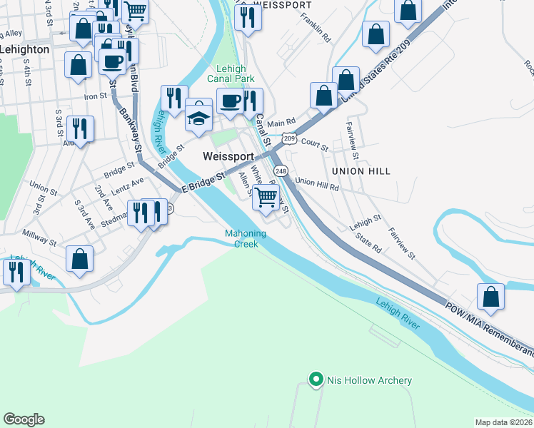 map of restaurants, bars, coffee shops, grocery stores, and more near Mill Street in Weissport