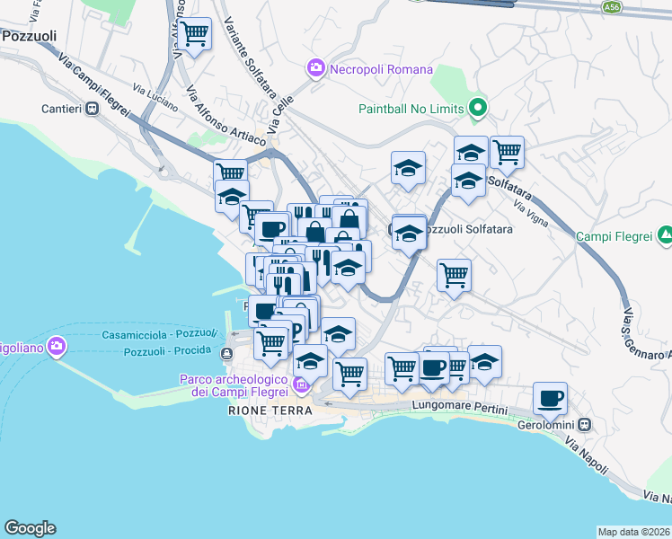 map of restaurants, bars, coffee shops, grocery stores, and more near 50 Via Giambattista Pergolesi in Pozzuoli