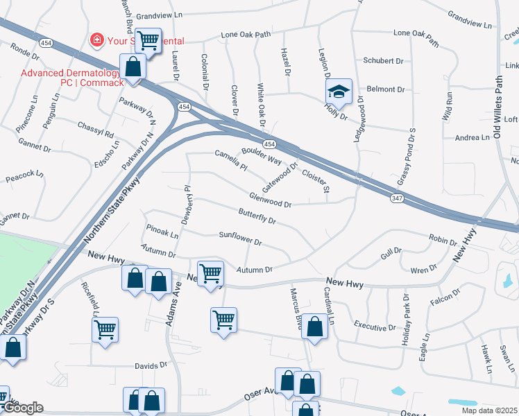map of restaurants, bars, coffee shops, grocery stores, and more near 22 Butterfly Drive in Hauppauge