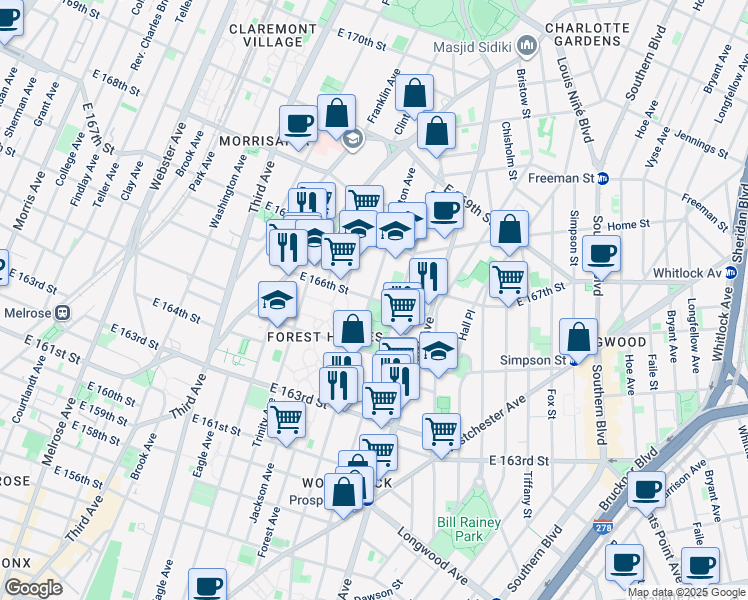 map of restaurants, bars, coffee shops, grocery stores, and more near 770 East 166th Street in Bronx