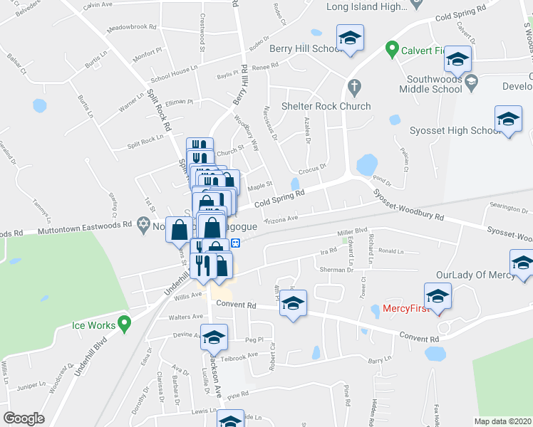 map of restaurants, bars, coffee shops, grocery stores, and more near 6 Arizona Avenue in Syosset