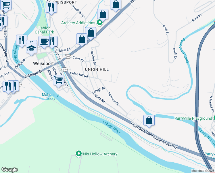 map of restaurants, bars, coffee shops, grocery stores, and more near 341 Fairview Street in Lehighton