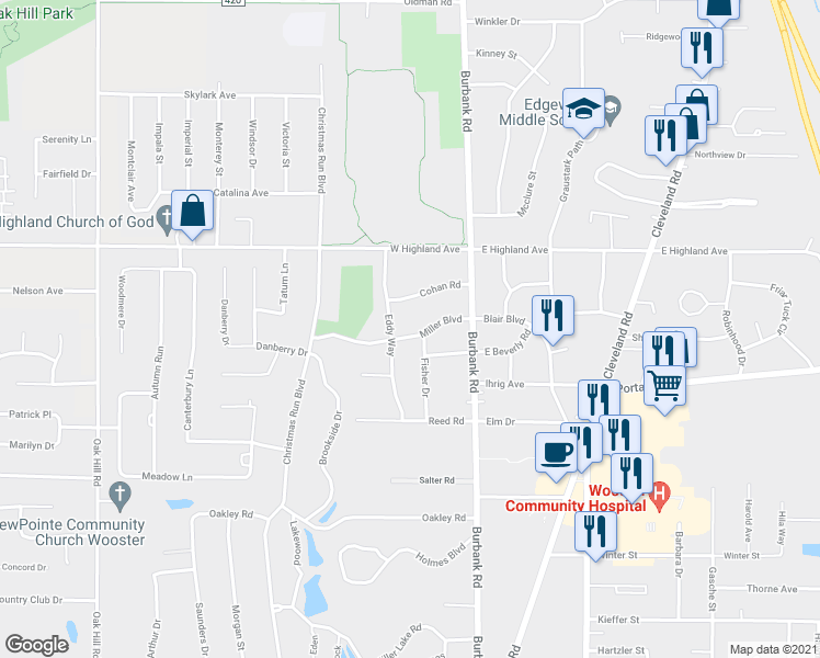 map of restaurants, bars, coffee shops, grocery stores, and more near 225 Miller Boulevard in Wooster