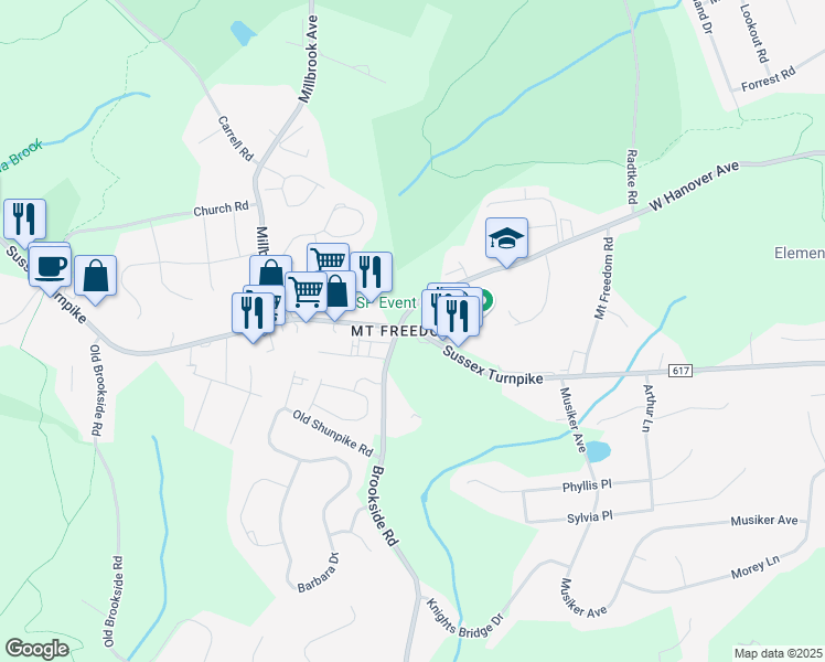 map of restaurants, bars, coffee shops, grocery stores, and more near West Hanover Avenue & Sussex Turnpike in Randolph