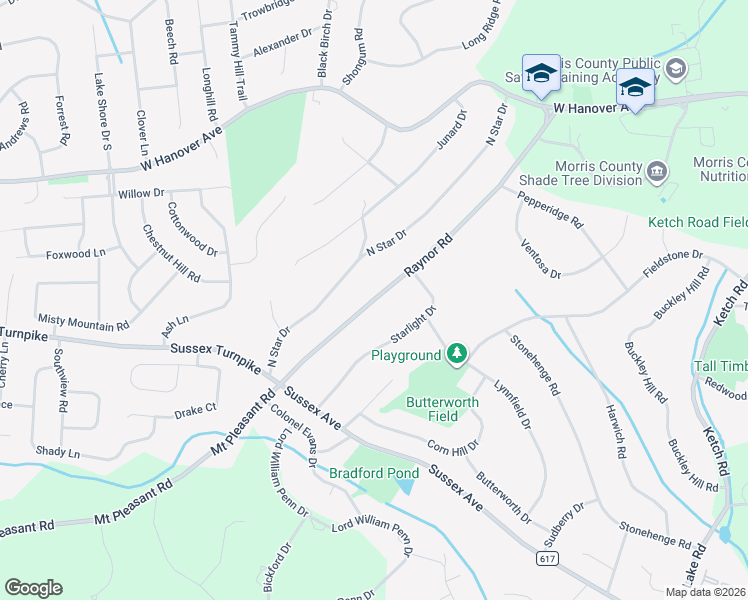 map of restaurants, bars, coffee shops, grocery stores, and more near 26 North Star Drive in Morristown