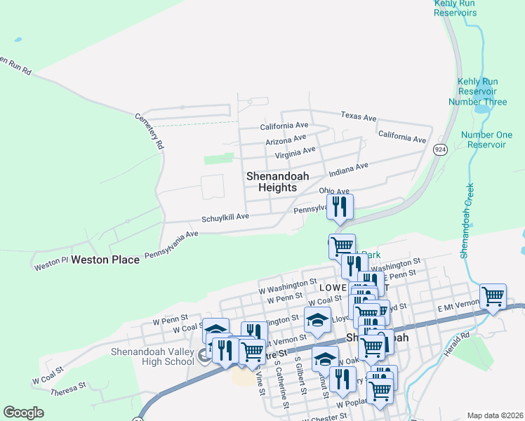 map of restaurants, bars, coffee shops, grocery stores, and more near in Shenandoah Heights
