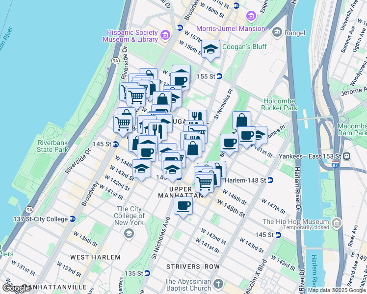 map of restaurants, bars, coffee shops, grocery stores, and more near 422 West 148th Street in New York