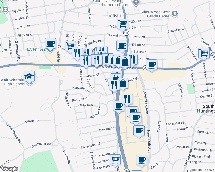 map of restaurants, bars, coffee shops, grocery stores, and more near 9 Pinetree Road in Huntington Station