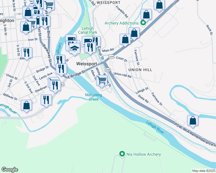 map of restaurants, bars, coffee shops, grocery stores, and more near 411 White Street in Lehighton