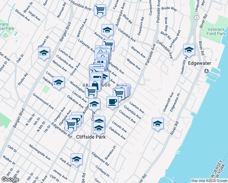map of restaurants, bars, coffee shops, grocery stores, and more near 256 Grant Avenue in Cliffside Park