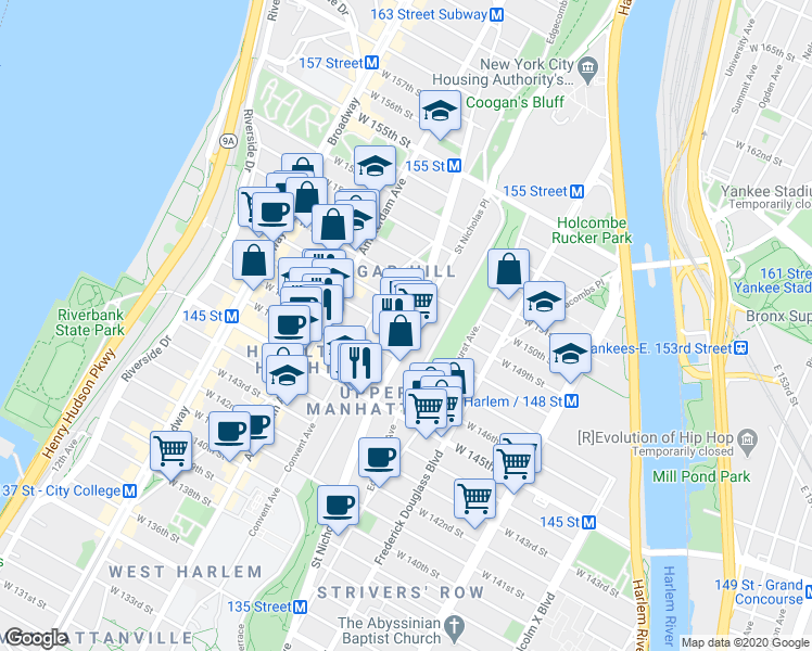 map of restaurants, bars, coffee shops, grocery stores, and more near 761 Saint Nicholas Avenue in New York
