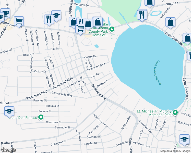 map of restaurants, bars, coffee shops, grocery stores, and more near 23 Parr Drive in Ronkonkoma