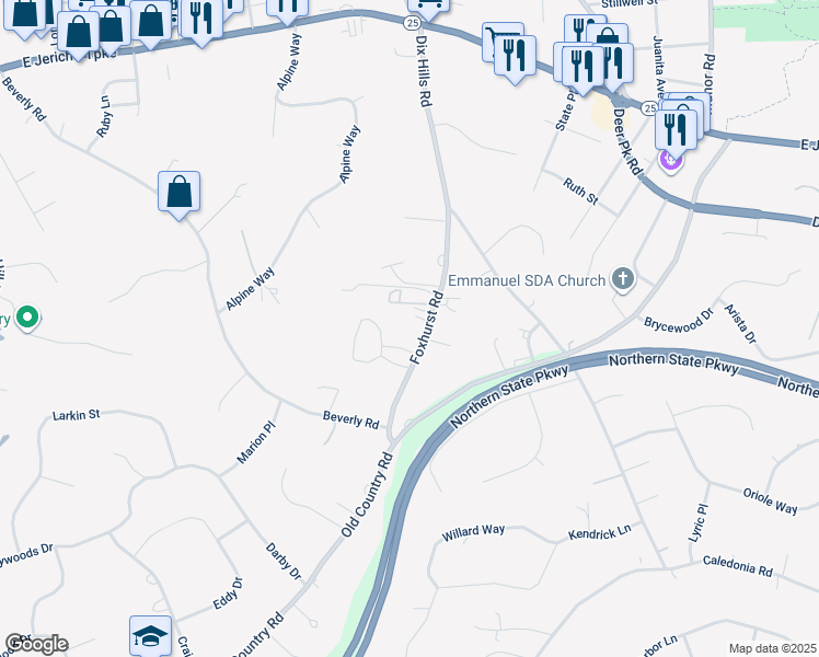 map of restaurants, bars, coffee shops, grocery stores, and more near 29 Foxhurst Road in Huntington Station