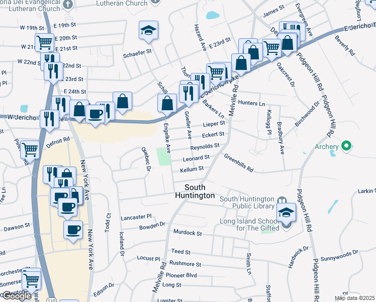 map of restaurants, bars, coffee shops, grocery stores, and more near 31 Goeller Avenue in Huntington Station