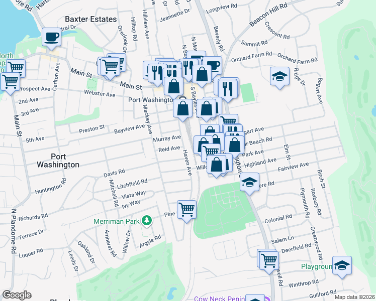 map of restaurants, bars, coffee shops, grocery stores, and more near 39 Haven Avenue in Port Washington
