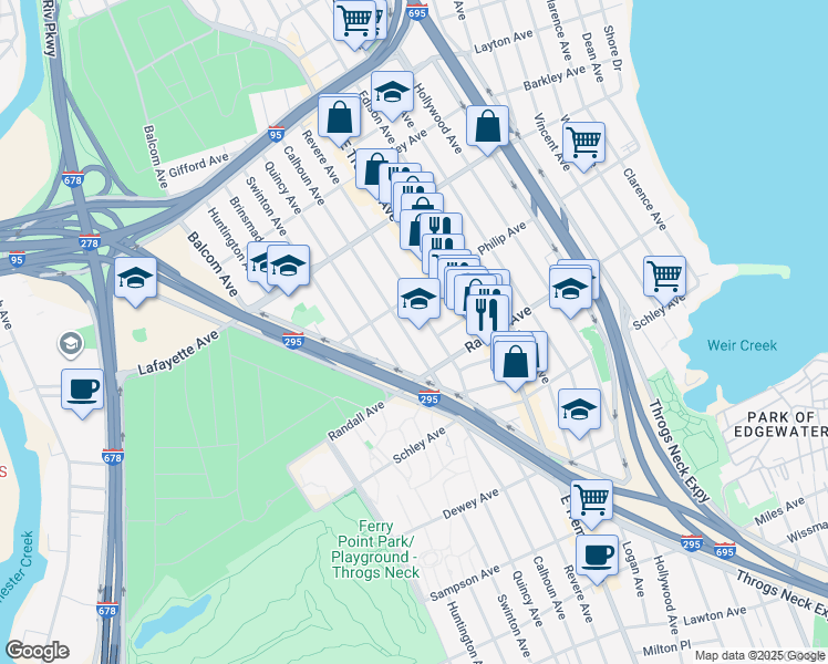 map of restaurants, bars, coffee shops, grocery stores, and more near 740 Revere Avenue in Bronx