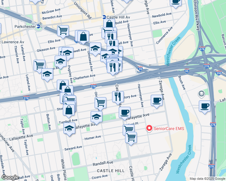 map of restaurants, bars, coffee shops, grocery stores, and more near 2152 Bruckner Boulevard in Bronx