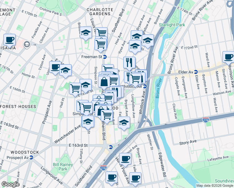 map of restaurants, bars, coffee shops, grocery stores, and more near 1129 Vyse Avenue in Bronx
