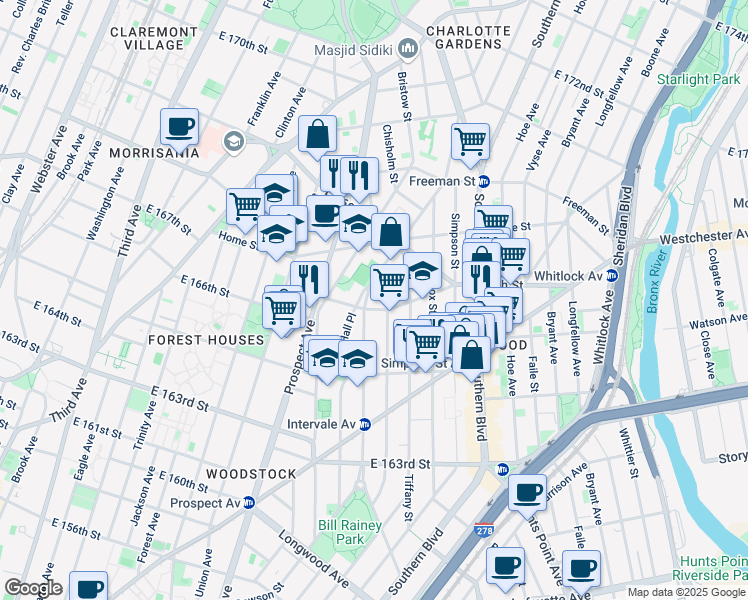 map of restaurants, bars, coffee shops, grocery stores, and more near 1130 Kelly Street in The Bronx