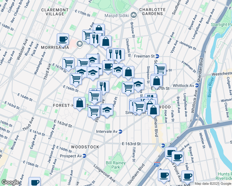map of restaurants, bars, coffee shops, grocery stores, and more near 1180 Rev James A Polite Avenue in The Bronx