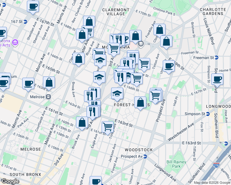 map of restaurants, bars, coffee shops, grocery stores, and more near 1074 Franklin Avenue in Bronx