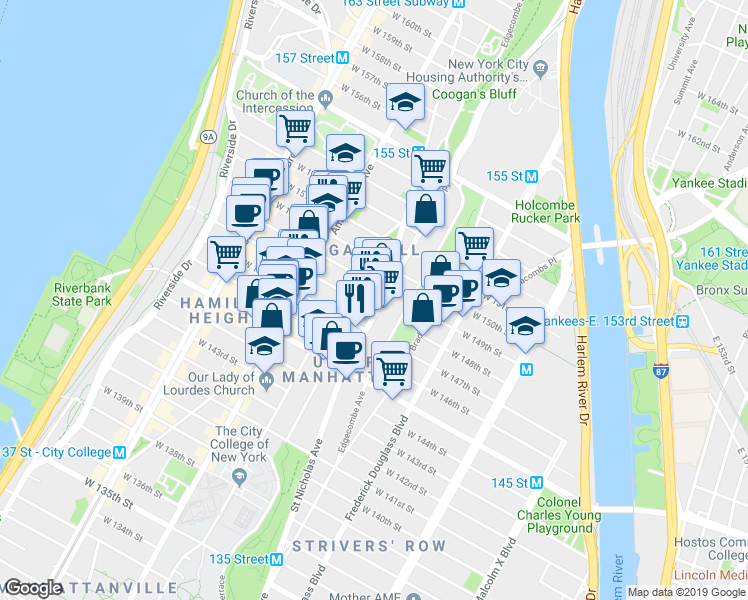 map of restaurants, bars, coffee shops, grocery stores, and more near 416 West 149th Street in New York