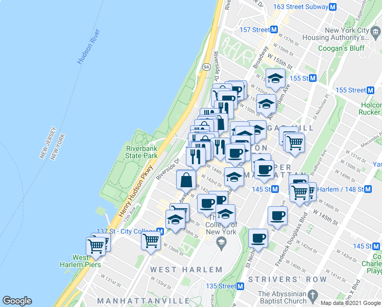 map of restaurants, bars, coffee shops, grocery stores, and more near 625 West 145th Street in New York