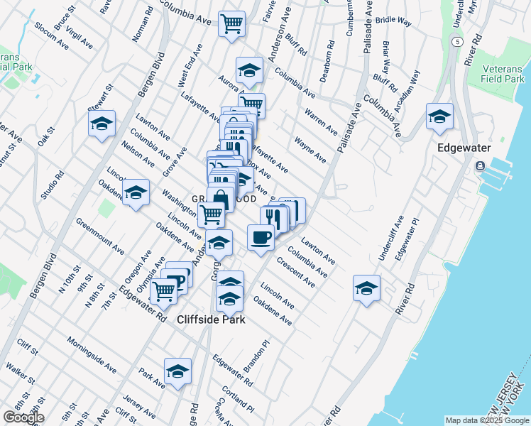 map of restaurants, bars, coffee shops, grocery stores, and more near 256 Grant Avenue in Cliffside Park