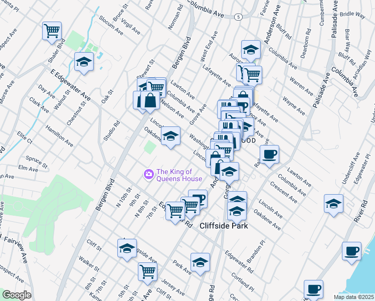 map of restaurants, bars, coffee shops, grocery stores, and more near 422 Washington Avenue in Cliffside Park