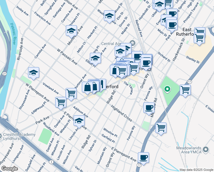 map of restaurants, bars, coffee shops, grocery stores, and more near in Rutherford