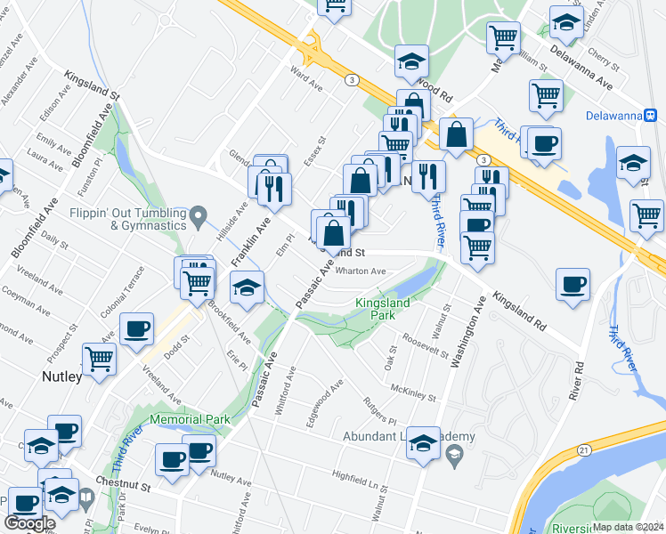 map of restaurants, bars, coffee shops, grocery stores, and more near in Nutley