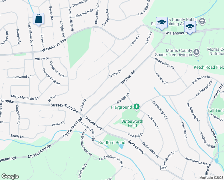 map of restaurants, bars, coffee shops, grocery stores, and more near 26 North Star Drive in Morristown